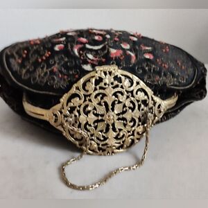 Antique Victorian Embroidered Mini Bag Ornate Gilt Brass Top